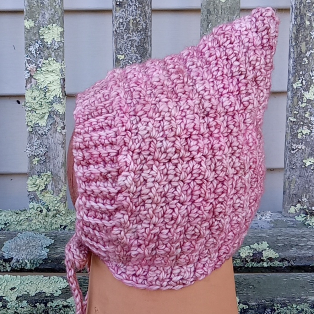 Handmade Hand Crochet Retro 1960s Style Pink Textured Pixie Baby Hat 3-6M